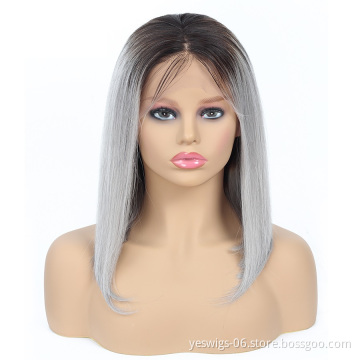 Brazilian Human Hair Short Bob Wigs 1b/gray Lace Front Wigs Ombre Hair for Women